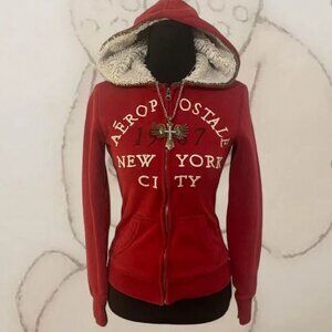 aeropostale red fur lined zip up hoodie 2000s vintage embroidered jacket